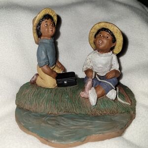 Vintage African American Children Fishing Figurine #1384 Signed JP 1993